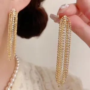 Flash & Finesse Sparkling Full Cubic Zirconia Tassel Drop Earrings for Women - S925 Sterling Silver Post, Long Fringe Dangle Earrings, Gold/Silver Tone Slimming Jewelry for Wedding & Party Festival Gift