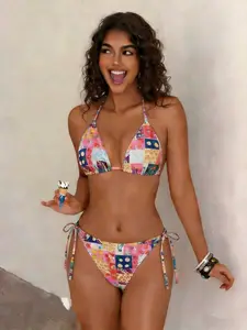 Women's Bikini Set, Sexy Lace-Up Top and High-Waisted Triangle Bottoms, Fruit Print Swimwear, All-Season Beachwear, Bathing Suit Bikini