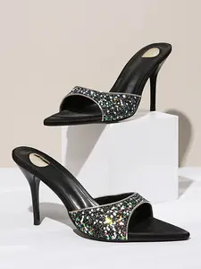 Elegant High Heel Sandals, Pointed Toe Rhinestone Stiletto Shoes, Fashionable Slip-On Design, Perfect for Parties & Office Wear, Women, Glitter Sandal