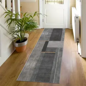 A modern geometric runner mat, kitchen and entry rug, Modern abstract rug, durable polyester with a stylish black and gray pattern, machine washable Home Decor, Hallway Runners|Contemporary Home Decor |Kitchen Rugs