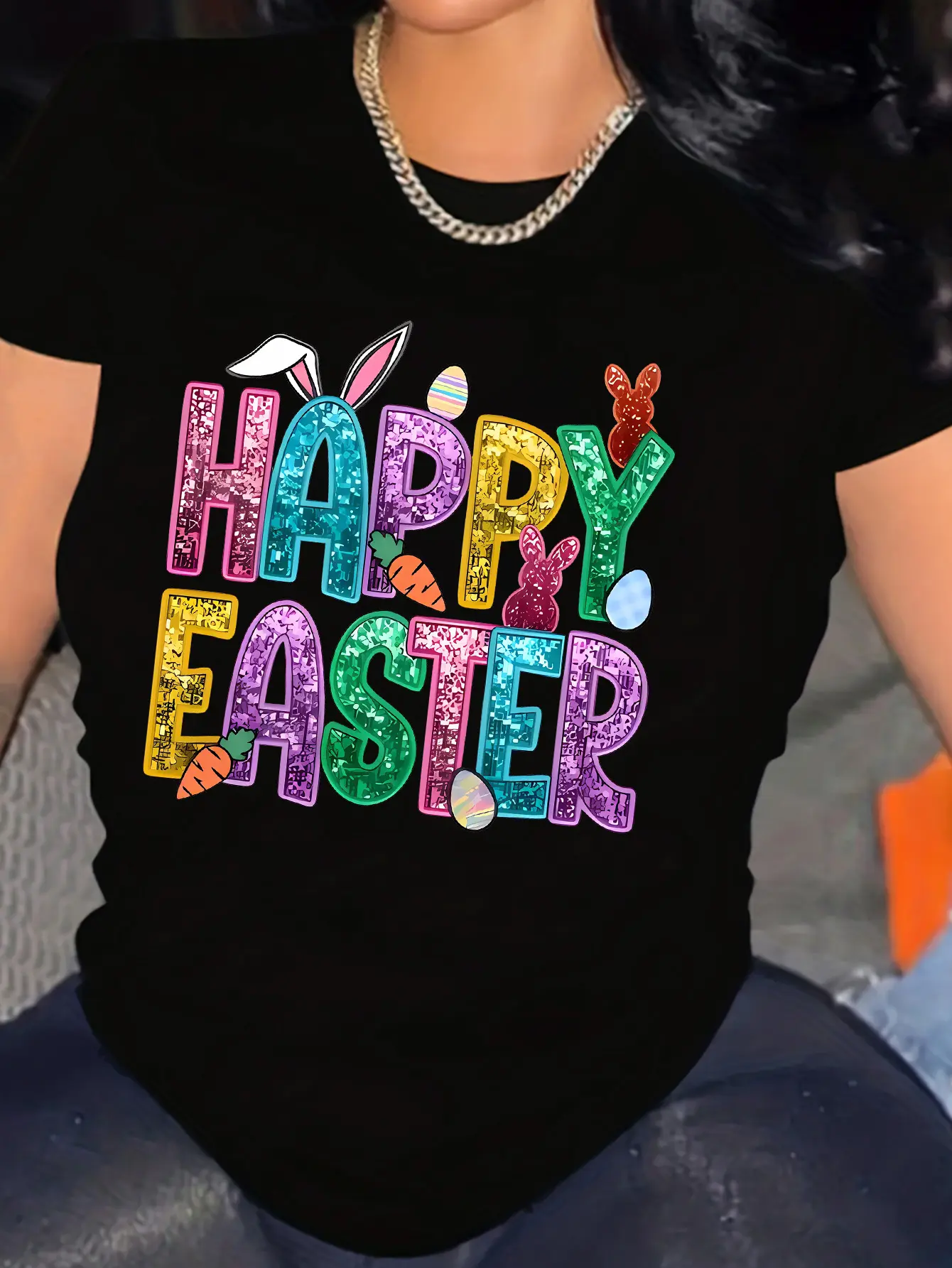 Fashion Casual Streetwear - Women's Round Neck Pullover T-Shirt with Easter Bunny Print, Short Sleeve, Sizes S-XXL, Multiple Colors Available