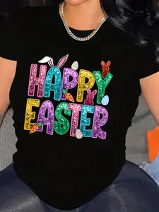 Fashion Casual Streetwear - Women's Round Neck Pullover T-Shirt with Easter Bunny Print, Short Sleeve, Sizes S-XXL, Multiple Colors Available