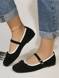 Ladies' suede Mary Jane flat shoes with bow tie and single strap, retro college style shallow mouth shoes Women