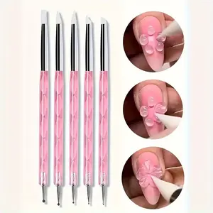 Double-ended Silicone Nail Art Brush & Dotting Pen Set, 5pcs/set UV Gel Carving Drawing Tool for Flower Design Nails, Manicure Tools for DIY Manicure, Home & Salon Use