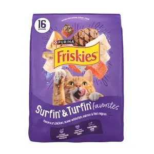 Purina Friskies Surfin and Turfin Dry Cat Food Flavors of Chicken, Whitefish, Salmon and Filet Mignon, 16 lb Bag