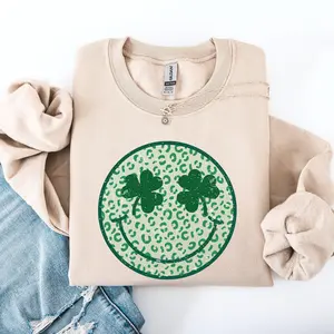 Leopard Print Smiley, Retro, St Patrick's Day, Shamrock, Clover, Lucky, Leprechaun Sweatshirt, Crew Neck, Women's, Crewneck