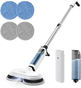 iDOO Electric Cordless Spin Dust Mop, Electric Mops for Floor Hardwood Tile Cleaning with Sprayer & LED Headlight, Rechargeable Dual-Motor, Quiet Self Propelled, Water Tank 4 Replaceable Heads, White