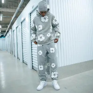 Men's Floral Graphic Shorts & Y2K Bubble Sweatshirt Set – Retro Athletic Running Shorts, Quick-Dry, Breathable Gym Outfits with Flower Hoodie & Wide Leg Joggers – Unisex Sporty Training Set