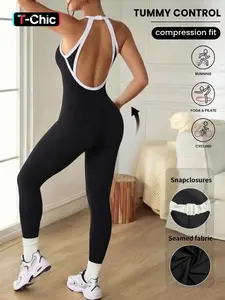 Women's Colorblock Backless Sleeveless Spring Summer Knit Yoga Jumpsuit, Casual Fashion Sportswear for Daily Wear, Workout Jumpsuit, Athleisure Style