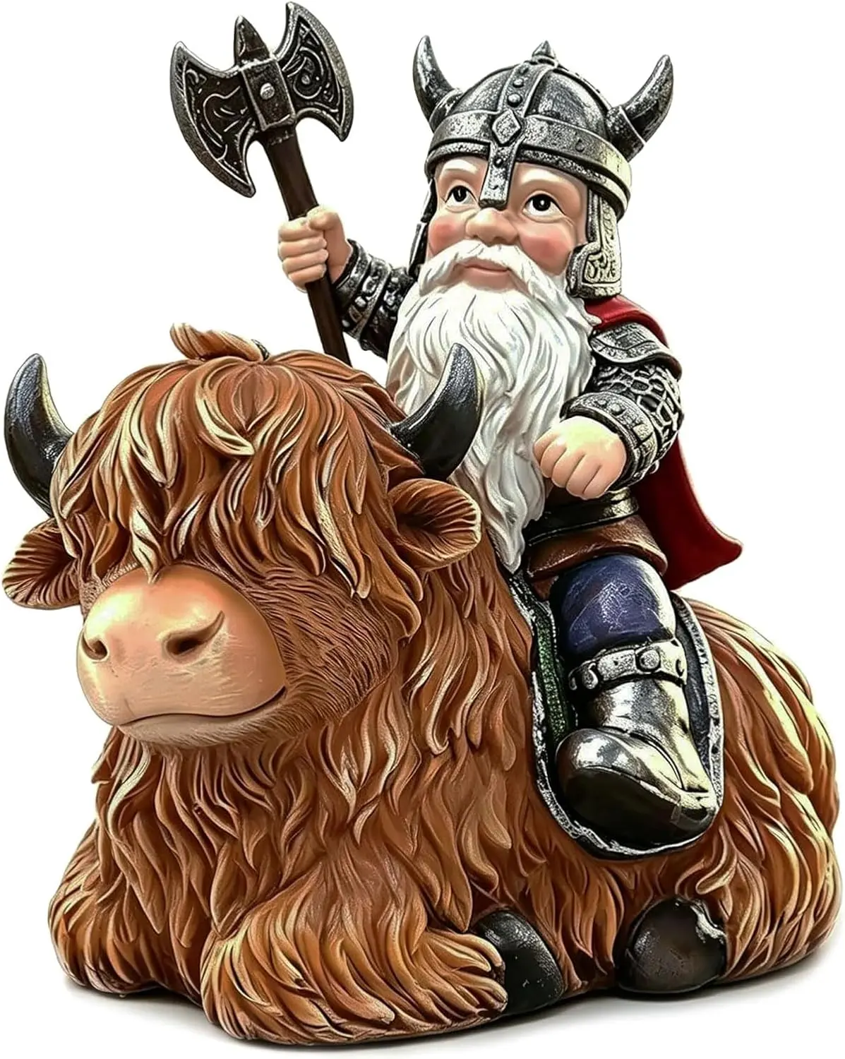 Viking Warrior Gnome Riding Highland Cow Statue, Hand-Painted Resin Sculpture Figurine for Indoor Outdoor Yard Garden Patio Lawn Ornaments, Unique Home Decor Housewarming Gift