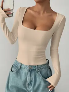 Women's Long Sleeve Square Neck Romper, Deep V Design, Slim-Fit Yoga Top, Ideal for Sports, Home, Daily Wear