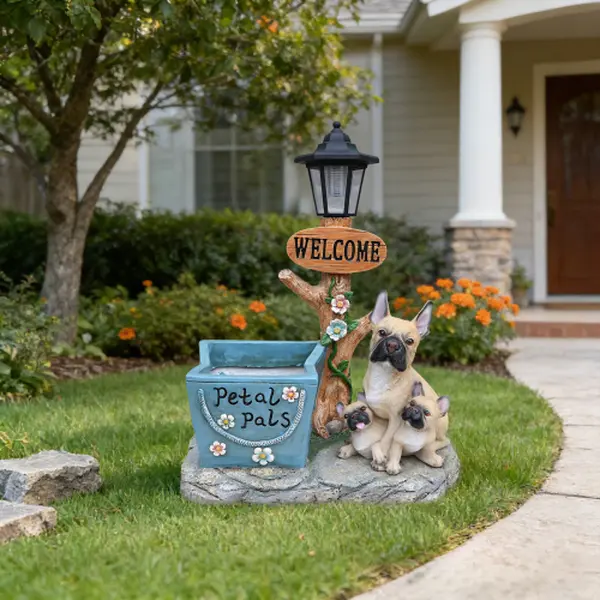 Resin Solar-Powered French Bulldog Garden Sculpture with Solar Outdoor Lights, Waterproof Outdoor Decor, Built-in Planter & Welcome Sign for Front Yd Lawn Porch, Planter Built-In
