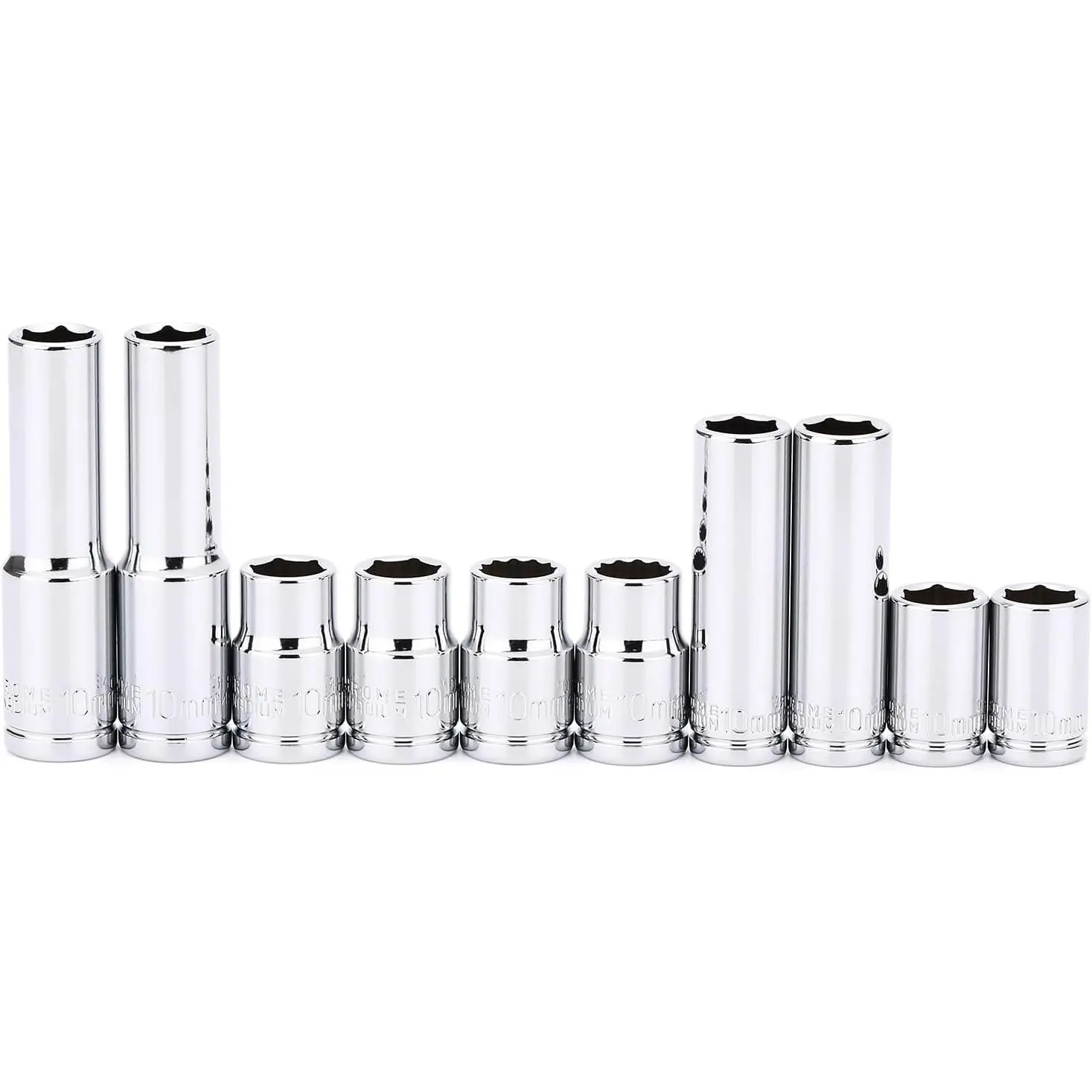 10 count Impact Socket Set, 1/4" & 3/8" Drive, Deep & Shallow, 10mm, Metric, Mirror Chrome Finish