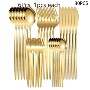 30pcs Golden Stainless Steel Flatware Set - Comb for Holidays, Weddings, Birthdays, Kitchen, Hotel - Includes Knives, Forks, Spoons, Dessert Spoons - Ideal for Christmas, Halloween, Easter, Thanksgiving, Graduation