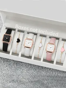 6 Units/Set Women's Fashion Watch Casual Trendy Wristwatch Square Simple Dial Leather Quartz Watch with Love Bracelet Set