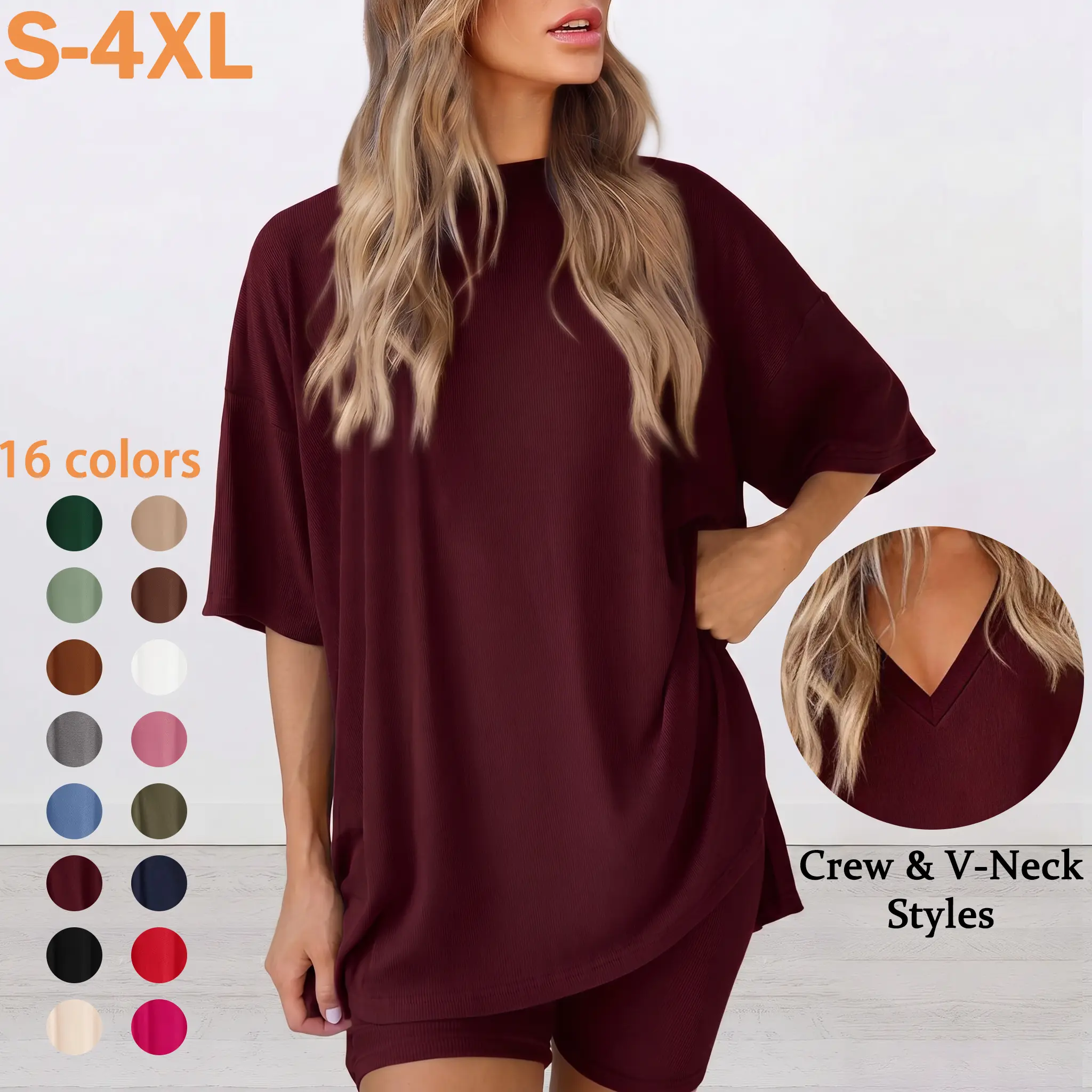 Women's 2-Piece Plus Size Comfortable Loungewear Pajama Set, Summer Oversized Round Neck Long-Split Hem Top & Side-Pocket Biker Shorts, Minimalist Loose-Fitting Homewear
