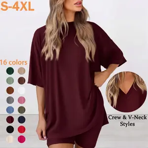 Women's 2-Piece Plus Size Comfortable Loungewear Pajama Set, Summer Oversized Round Neck Long-Split Hem Top & Side-Pocket Biker Shorts, Minimalist Loose-Fitting Homewear