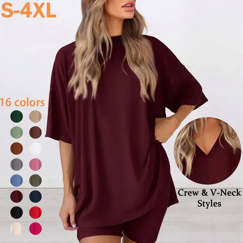 Women's 2-Piece Plus Size Comfortable Loungewear Pajama Set, Summer Oversized Round Neck Long-Split Hem Top & Side-Pocket Biker Shorts, Minimalist Loose-Fitting Homewear