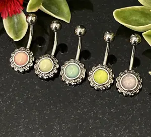 1 Piece Stunning Filigree Flower Illuminating Stone Navel / Naval Belly Ring - 14g - 10mm