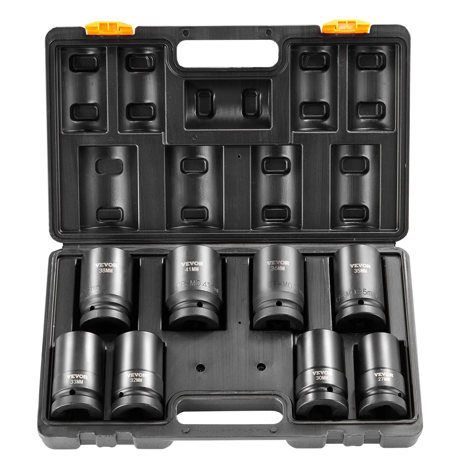 VEVOR 1-Drive Impact Socket Set, 8-Piece Metric Deep Socket Set (27-41mm Chromium-Molybdenum Steel), 6-Point Auto Repair Tools with Easy-to-Read Size Markings, Rugged Build & Included Storage Case