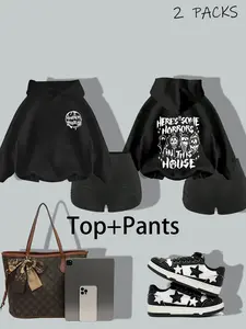 Women's Spring & Fall 2-Piece Set, Hooded Top with Y2K Skull Pattern, Fitted Yoga Shorts, Casual Daily for Teens
