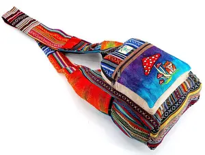 Unique designed Himalaya Hemp Owl Mushroom Embroidered Tie Dye Crossbody Bag, Hippie Bag, Boho Bag, Eco-Friendly Crossbody Bag
