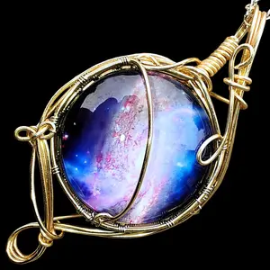 Glass Cosmos Galaxy Nebula Interstellar Space Universe Night Sky Star Trek Gold Plated Copper Wire Wrapped Fantasy Pendant Necklace Amulet