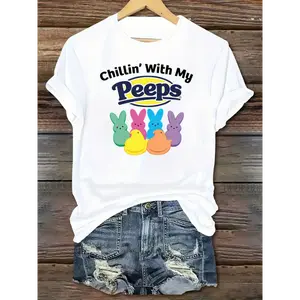 100% Cotton Women's Easter Bunny Graphic T-Shirt Casual Crew Neck Short Sleeve Tee with 'Chilling With My Friends' Print Funny Shirt Gift Graphic Cotton Tee Spring Summer Casual Wear Breathable Soft Top Unisex for Men Women Gift Idea Graphic Tee