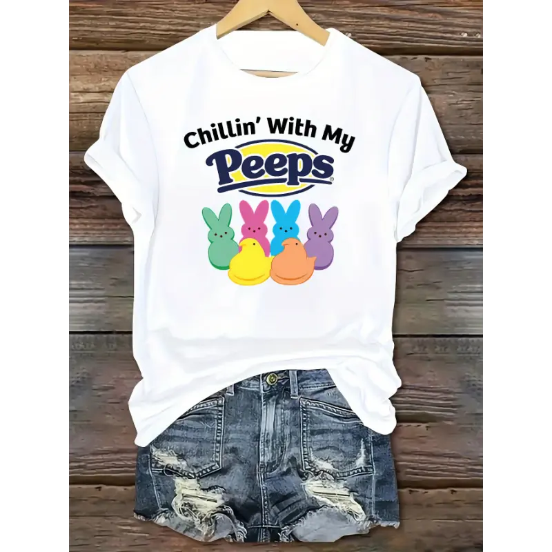 100% Cotton Women's Easter Bunny Graphic T-Shirt Casual Crew Neck Short Sleeve Tee with 'Chilling With My Friends' Print Funny Shirt Gift Graphic Cotton Tee Spring Summer Casual Wear Breathable Soft Top Unisex for Men Women Gift Idea Graphic Tee custom