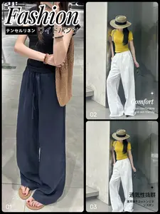New Elastic Waist Drawstring Casual Loose Wide Leg Pants, Low Waist Linen Trousers, Solid Pattern, All Seasons Wear