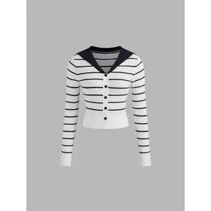 Cider [size 2-10] Knit Sailor Collar Striped Button Crop Long Sleeve Top
