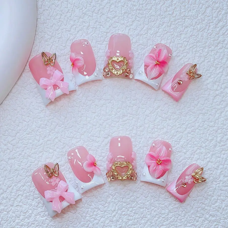 10pcs Y2K Duckbill Press On Nails Set, Decorative Nails, Fake Nails, Salon Quality Nails, Handmade Gradient French Style, Petals, Butterfly Knots, Gold Heart, Rhinestones, Pearls, Flower Design Nails, Suitable for Women and Girls Party, Daily Wear, Gifts