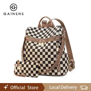 GAINSNS Large Women's Casual Checkerboard Plaid Backpack 2Pcs Set with Wristlet Wallet, High-quality Fashionable Tote for Female, Versatile Roomy Daily Commuting Purse, Zip Closure | Shopping, Travel