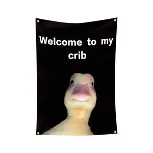 "Welcome to My Crib" Letter & Duck Pattern Tapestry, Funny Flags for Room Decor, Wall Hanging Decor for Living Room & Bedroom, Valentine's Day Gift, Decoration Items, Home Bedroom Decor summerwins