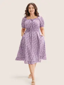 【Summer Turn-Up】【Cottagecore Dress】 Bloomchic Women's Ditsy Floral Shirred Ties Square Neck Frill Trim Puff Sleeve Dress Casual Fit Pocket Summer Light Chic Elegant Light Blue Lantern Sleeve Lightblue Shortsleeve 2026 Summer Pick for Mother's Day