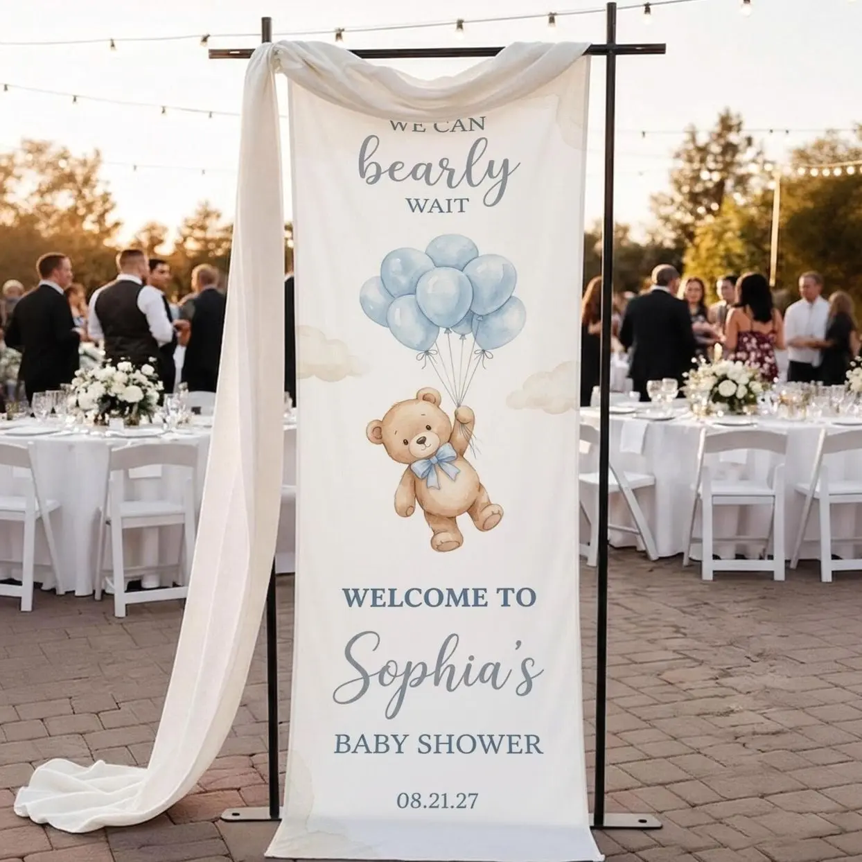 Custom Linen Cotton Baby Shower Banner, Teddy Bear Balloon Design, Personalized Name Date Sign