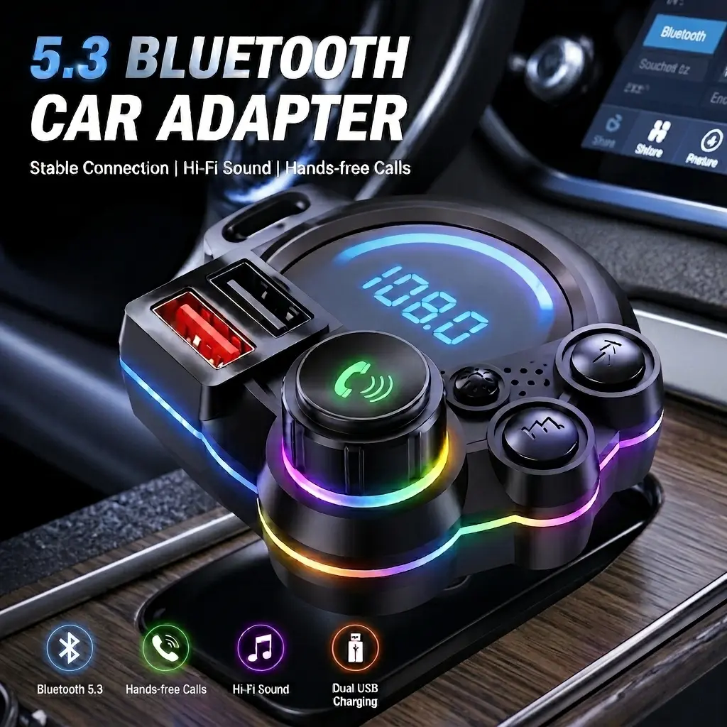 20W PD Type-C Car FM Transmitter, supports Bluetooth 5.3, bass enhancement, dual USB ports, hands-free calling, and RGB ambient lighting. Compatible with 12V-24V vehicles, a must-have for travel.