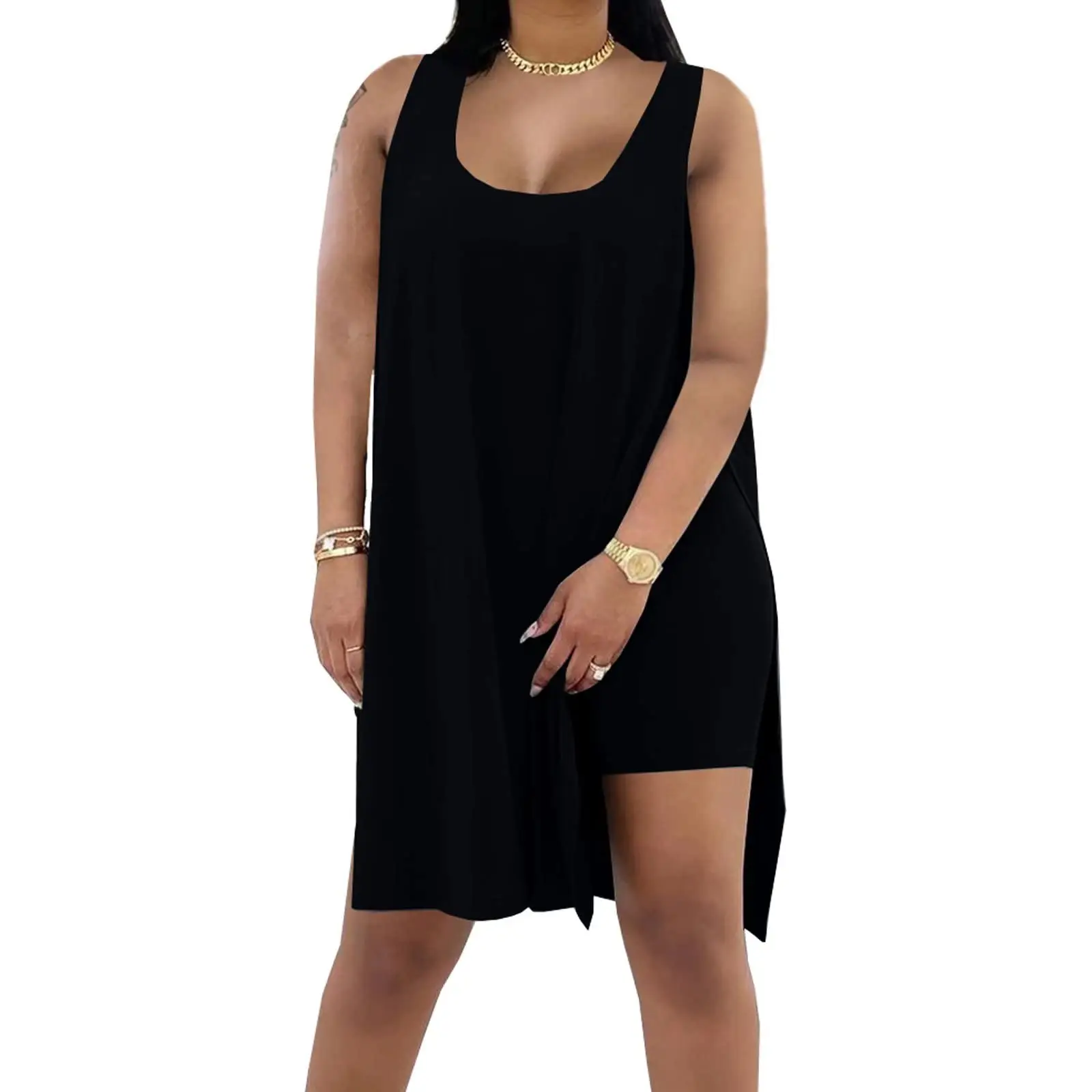 Women's Plus Size 2 Piece Outfits Sleeveless Tunic Tops and Bodycon Biker Shorts Sets Tracksuits Womenswear Casual Clothing Garment