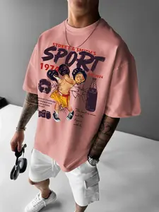 Men's Street Style Boxing Boy Graphic Print Round Neck Tee, Loose Casual Comfy Athletic Street Fashion Short Sleeve Crew Neck T-shirt for Summer, Men's Top for Daily Wear