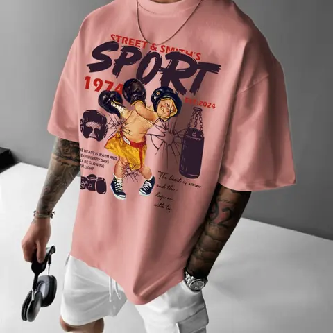 Men's Street Style Boxing Boy Graphic Print Round Neck Tee, Loose Casual Comfy Athletic Street Fashion Short Sleeve Crew Neck T-shirt for Summer, Men's Top for Daily Wear, Casual Streetwear Top