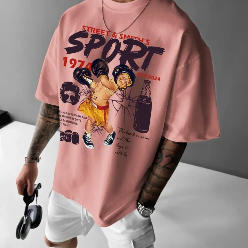 Men's Street Style Boxing Boy Graphic Print Round Neck Tee, Loose Casual Comfy Athletic Street Fashion Short Sleeve Crew Neck T-shirt for Summer, Men's Top for Daily Wear, Casual Streetwear Top