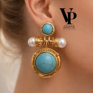 Valmaur Valmaur Vintage Statement Earrings with Turquoise and Pearl Accents in Gold Tone for Women