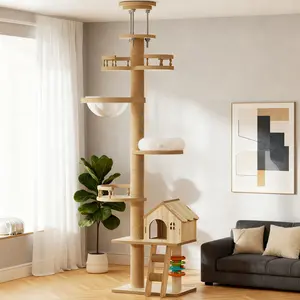 SAVEYOUR Floor to Ceiling Cat Tree 98-110 Inch Adjustable Height Modern Wood Activity Tower with Scratching Post Condo Cave Bed & Hammock for Indoor Cats