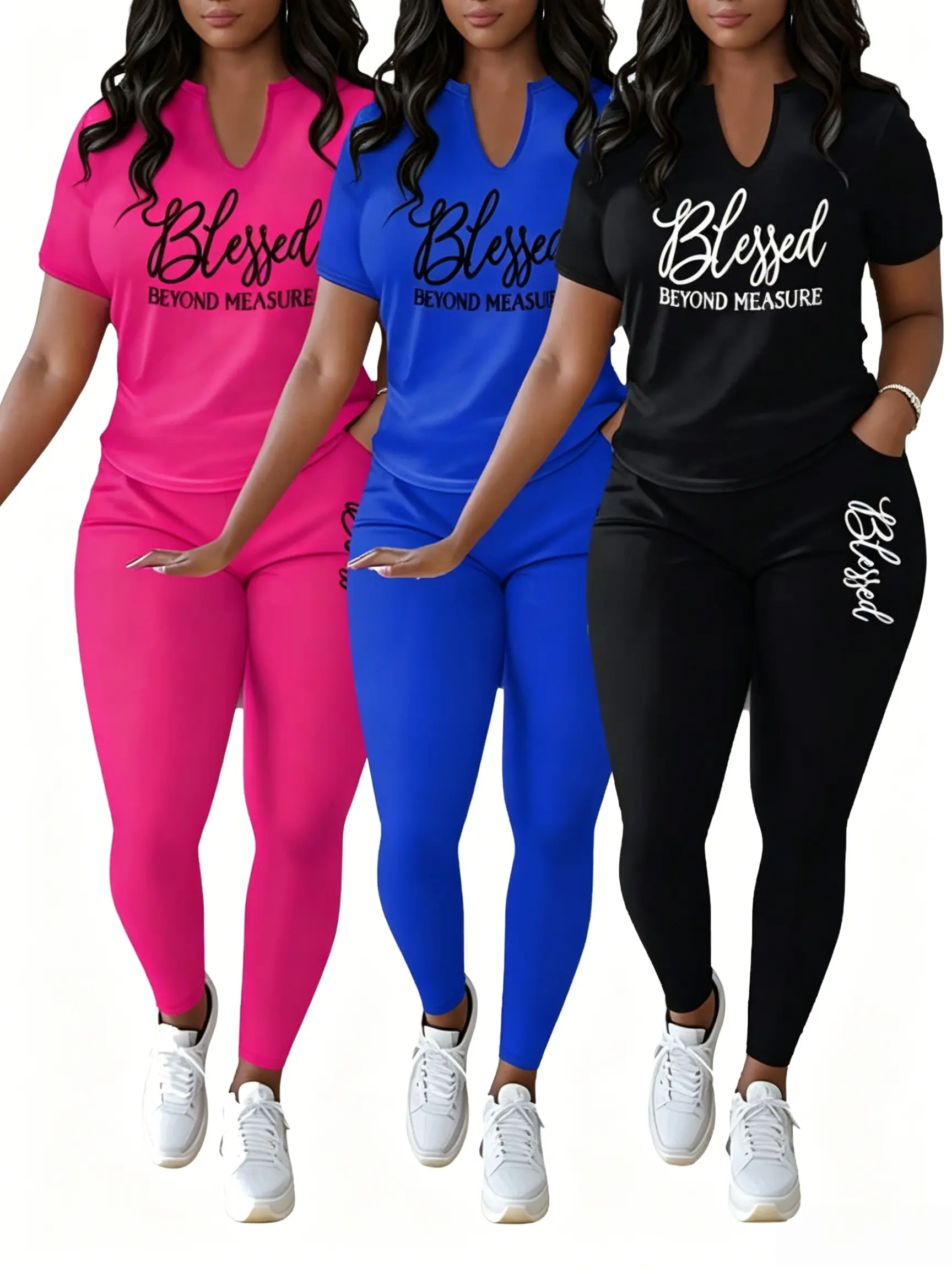 2pcs Plus Size Round Neck Set, Strip Casual Sports Set Crew Neck Short Sleeve Top & Pants Outfits, T-Shirt & Long Trousers Sporty Suit Women'S Activewear Women'S Clothing