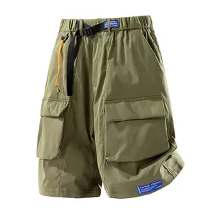 Khaki Cargo Shorts for Men: Elastic Waistband with Black Belt, Multi-Pocket Casual Outdoor Bottoms