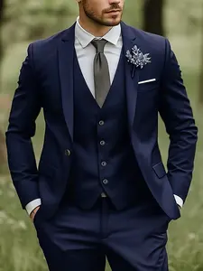 Men'S 3pcs Suit Set - Navy Formal Tuxedo with Bow Tie & Vest, Slim Fit Long Sleeve Dress Pants, All-Season Business Attire for Weddings, Work Uniforms, Holiday Gifts (halloween, Wedding Attire, Classic Style, Professional Men