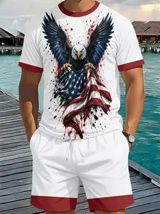 Men's 3D Digital Printed Two-Piece Set with Ink-Splashed Eagle Flag Red and White Design, 2Pcs, Trendy Fashion Outfit, Retro Casual Two-Piece Suit, Vacation-Style Trendy Wear, Breathable Sports Casual Style, Perfect Holiday Gift for Men