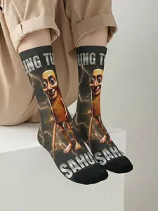 1 Pair BIIHUDU Men's Italian Brainrot Socks—Yellow “Tung Tung Tung Sahar” Print Socks, All-Over Print Design, Knee-Highs, Ankle Socks, Calf-Length Socks, Men's Socks, Women's Socks