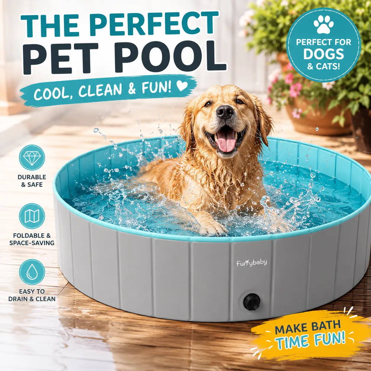 【Cooling】Furrybaby Foldable Dog Pool, Portable Pet Pool for Dogs & Cats, Hard Plastic Collapsible Bath Tub, Summer Cooling Swimming Pool, Grey 32"