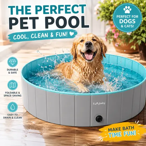 Furrybaby 32" Foldable Dog Pool - Safe, Durable Hard Plastic Anti-Slip PVC+MDF Outdoor Bath Tub with Drain Hole, Antislip Footing, Easy Use (12.2*9.4*3.3 inch) for Chihuahuas, German Shepherds, Summer Cooling Pet Accessory, Grey, Dish Soap Compatible
